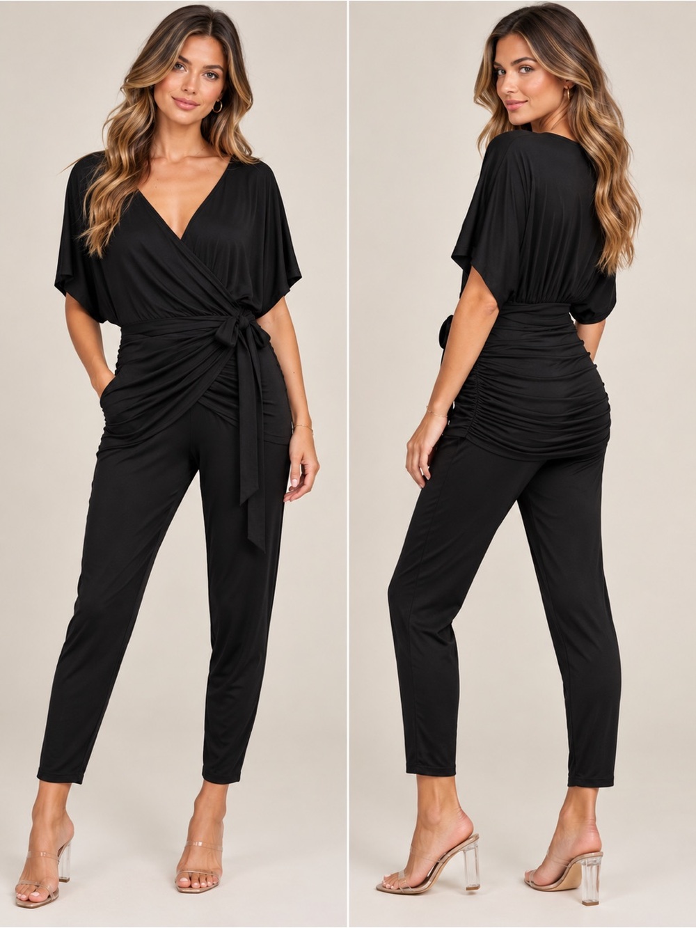 Anthropologie Saturday/Sunday Aisling Black draped tie-waist Jumpsuit Size XS